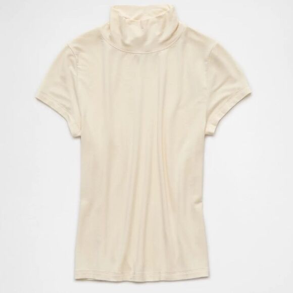 AE M Cream Cropped Soft & Sexy Mock Neck Short Sleeve Jersey T-Shirt - Picture 4 of 13